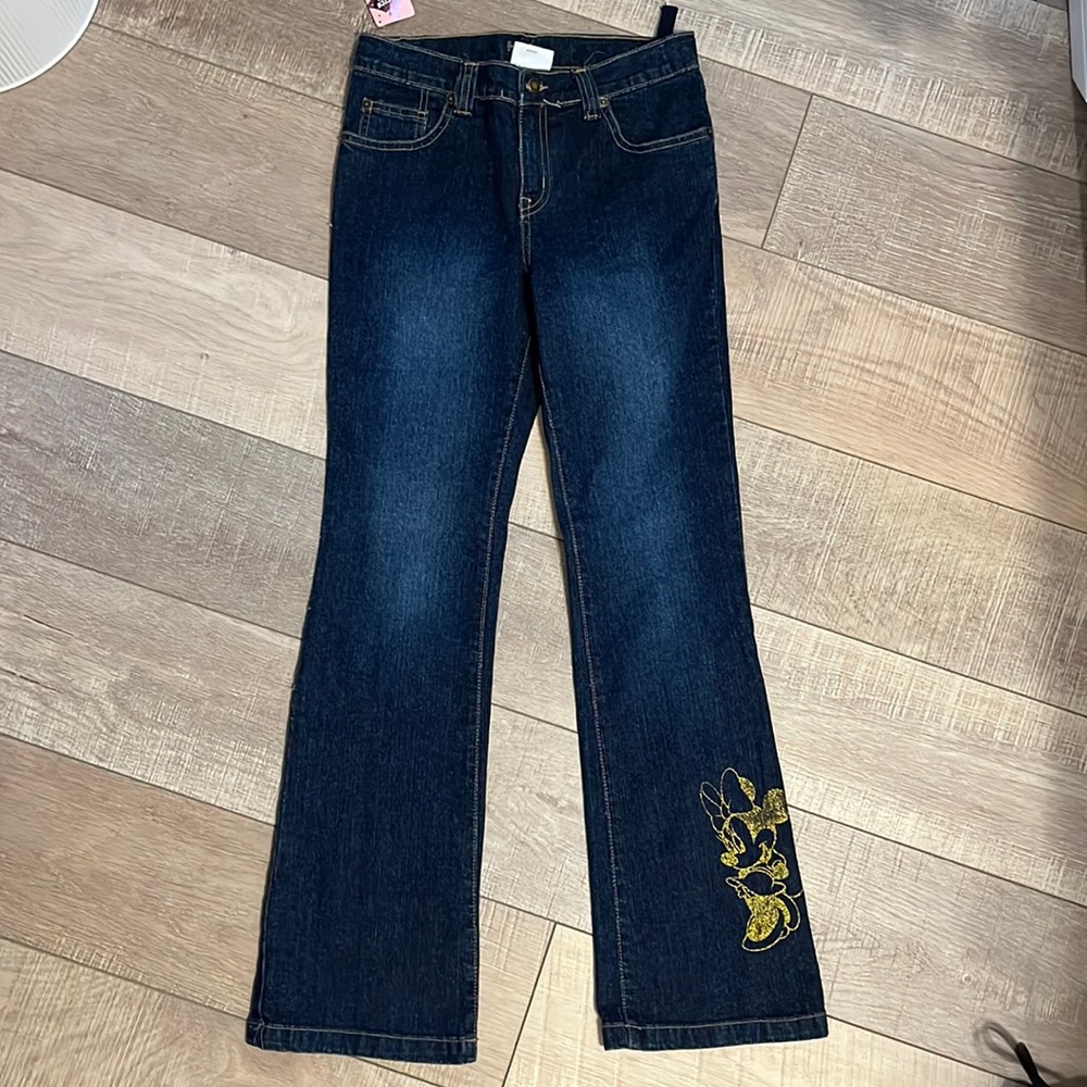 Disney Store exclusive girls flare jeans gold Minnie Mouse adjustable waist 12